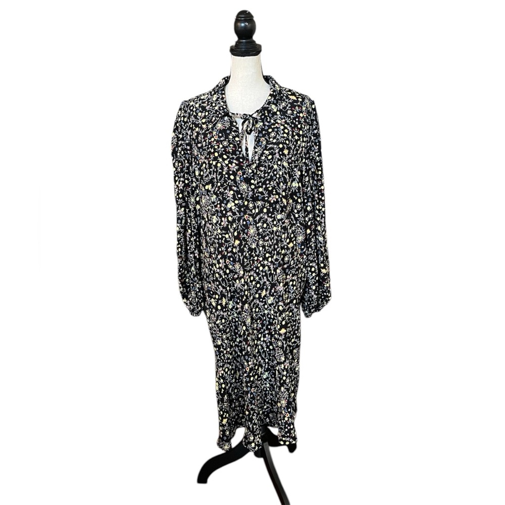 Boden Tie Neck Shirt Dress Size 16 18 Long Black Floral Print Knee Length